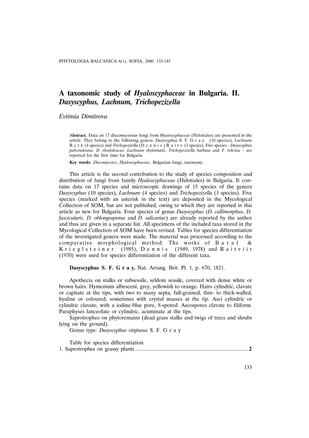 A Taxonomic Study of Hyaloscyphaceae in Bulgaria