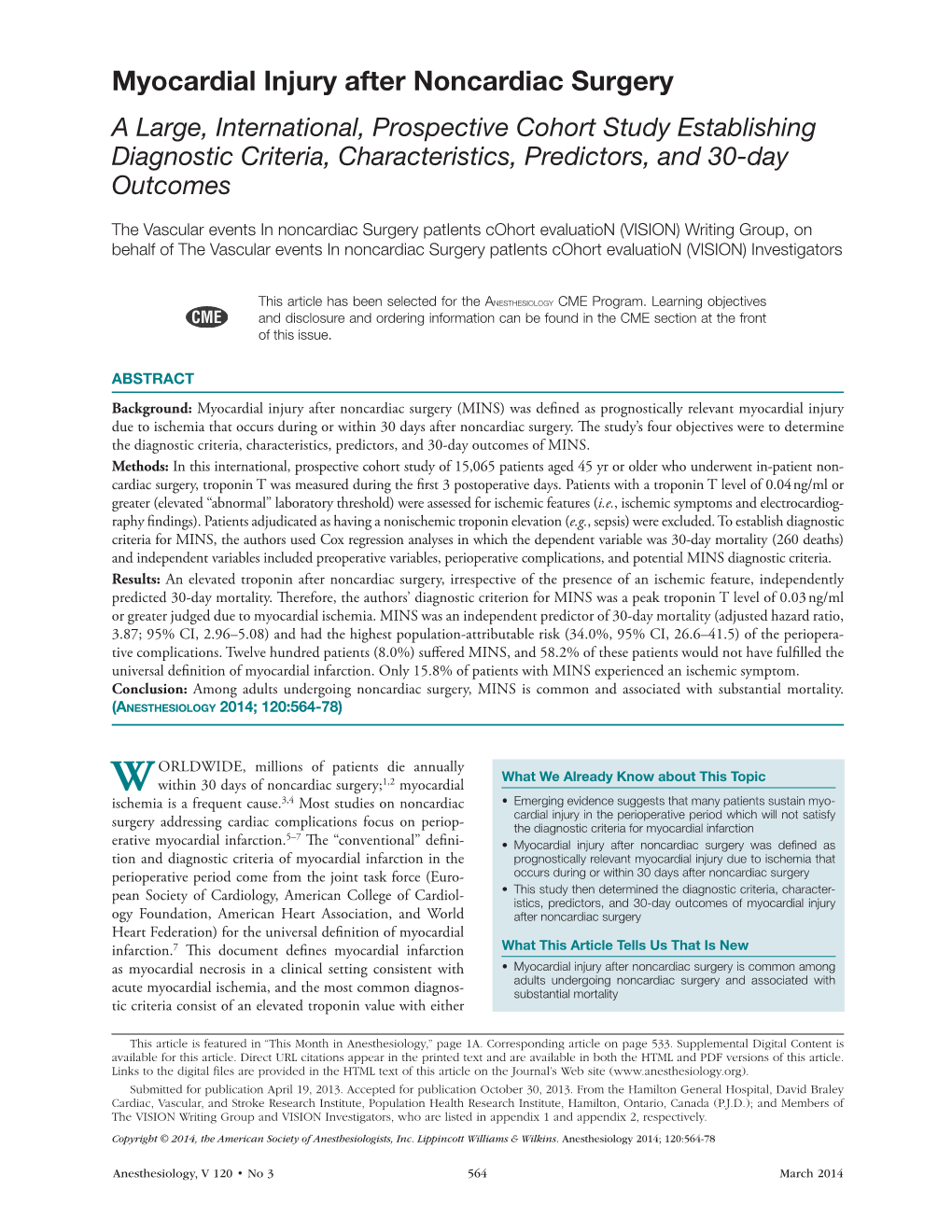 Myocardial Injury After Noncardiac Surgery