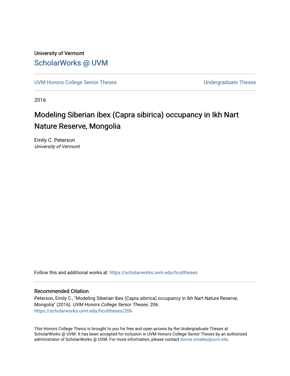 Modeling Siberian Ibex (Capra Sibirica) Occupancy in Ikh Nart Nature Reserve, Mongolia