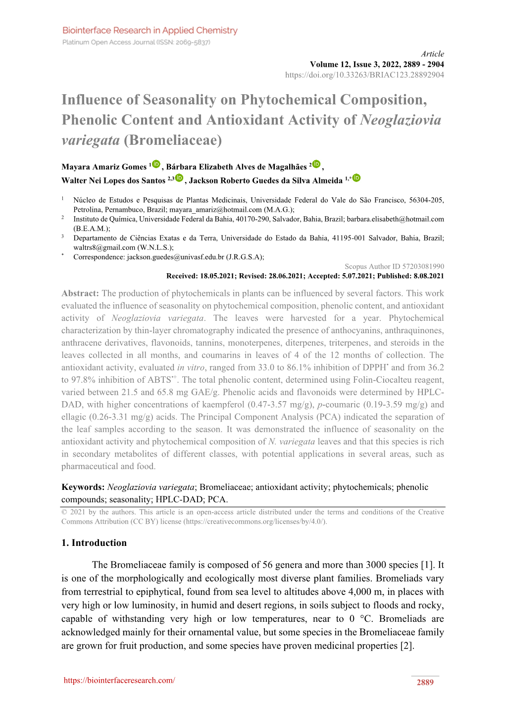 Influence of Seasonality on Phytochemical Composition, Phenolic Content and Antioxidant Activity of Neoglaziovia Variegata (Bromeliaceae)