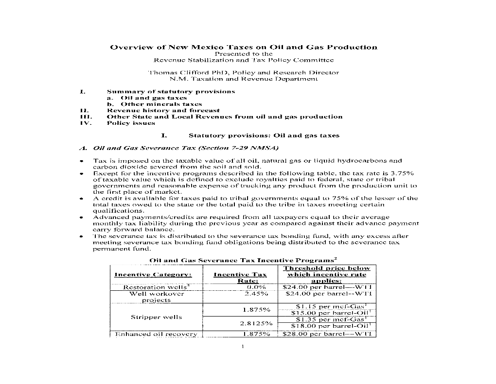 Overview of New Mexico Taxes on Oil and Gas Production Presented to the Revenue Stabilization and Tax Policy Committee