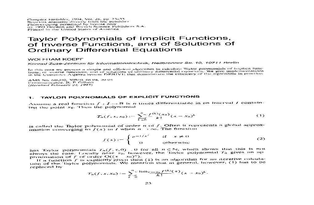 Taylor Polynomials of Implicit Functions, of Inverse Functions, And