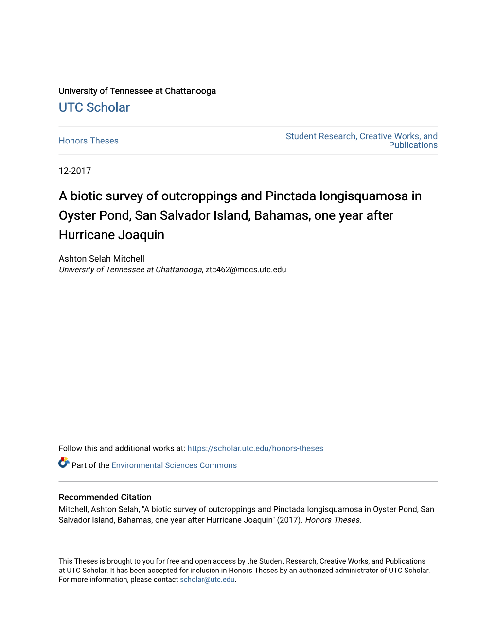 A Biotic Survey of Outcroppings and Pinctada Longisquamosa in Oyster Pond, San Salvador Island, Bahamas, One Year After Hurricane Joaquin