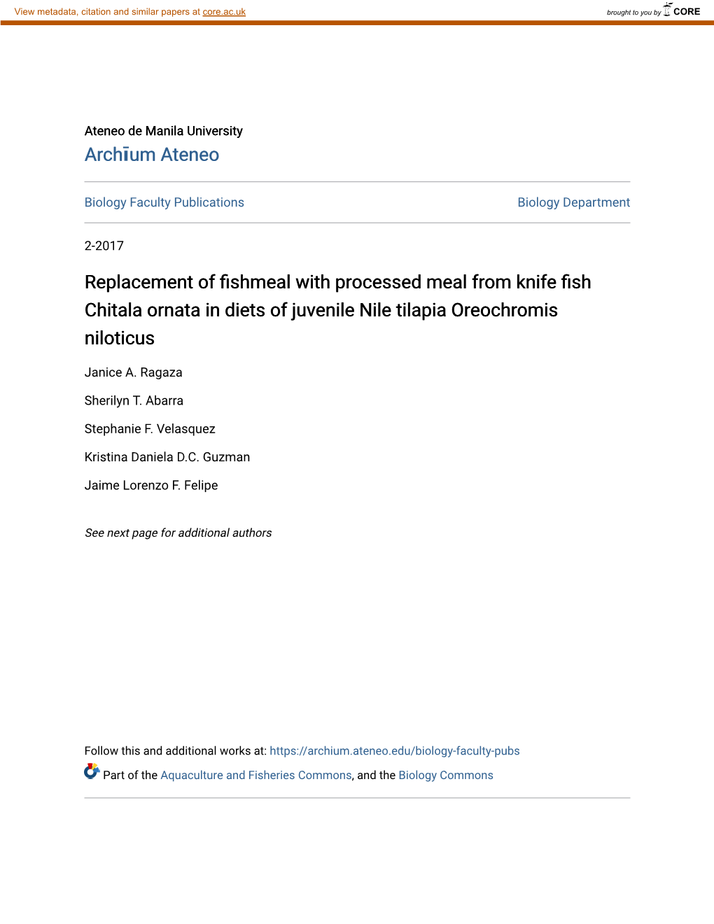 Replacement of Fishmeal with Processed Meal from Knife Fish Chitala Ornata in Diets of Juvenile Nile Tilapia Oreochromis Niloticus