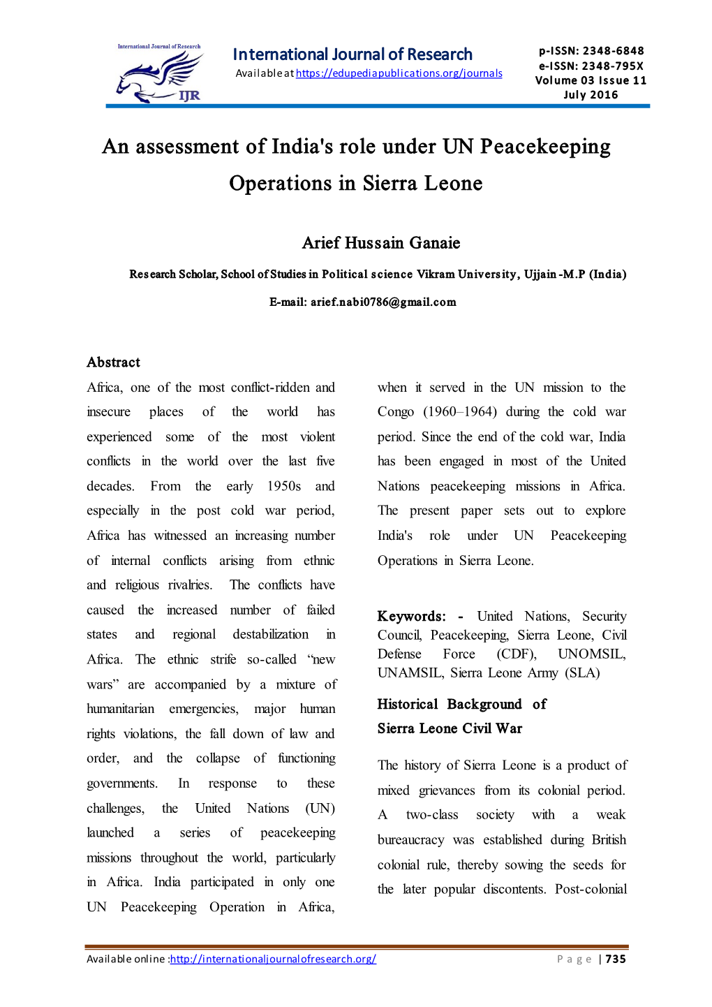 An Assessment of India's Role Under UN Peacekeeping Operations in Sierra Leone