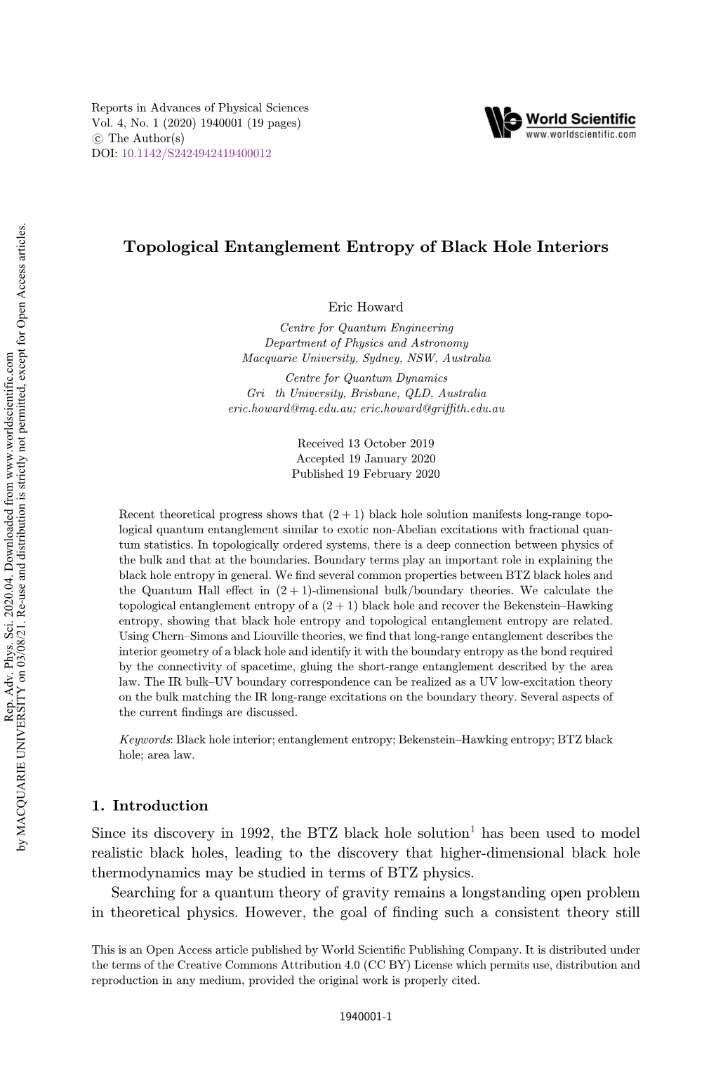 Topological Entanglement Entropy of Black Hole Interiors