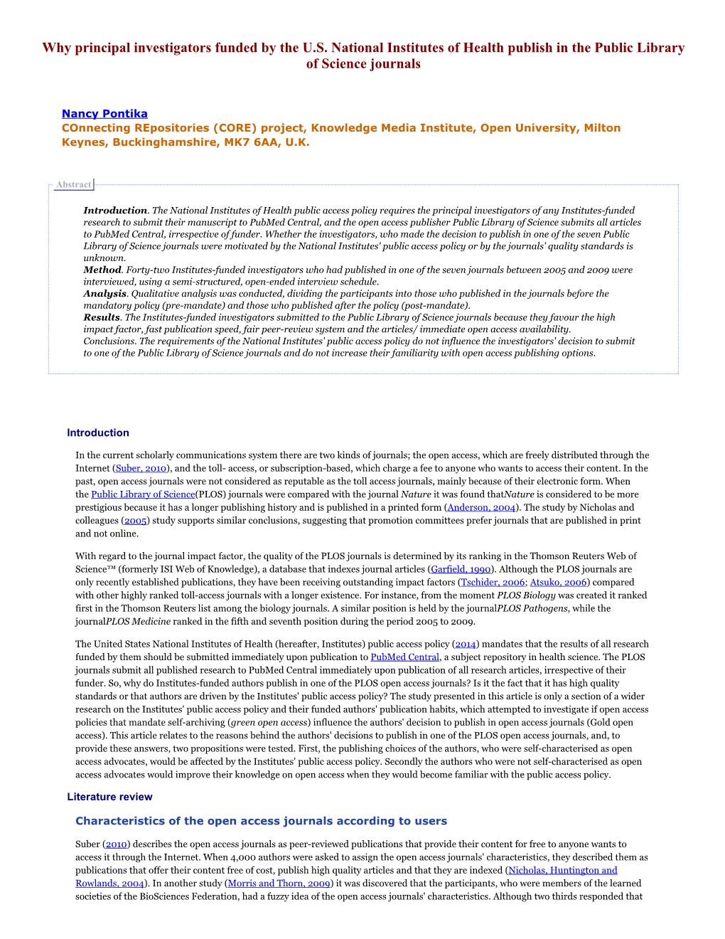 Why Principal Investigators Funded by the U.S. National Institutes of Health Publish in the Public Library of Science Journals