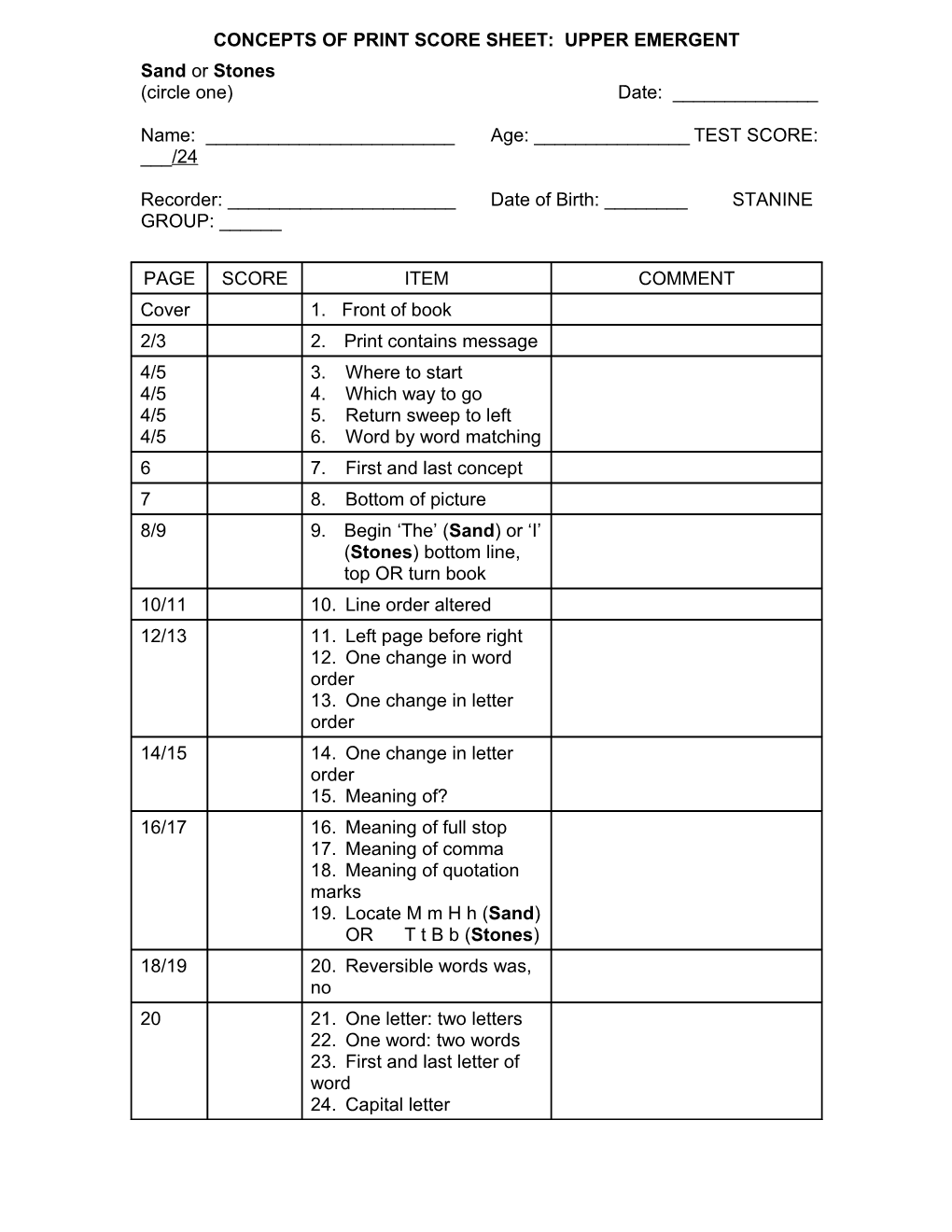 Concepts of Print Score Sheet: Upper Emergent