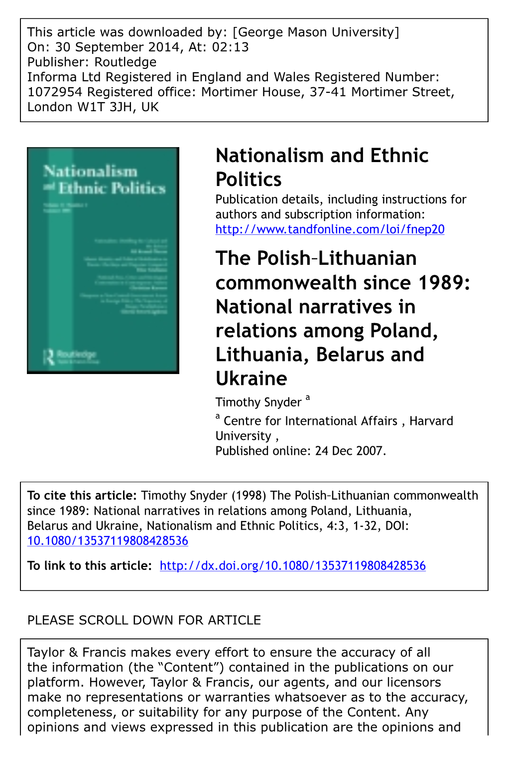 Nationalism and Ethnic Politics the Polish‐Lithuanian Commonwealth