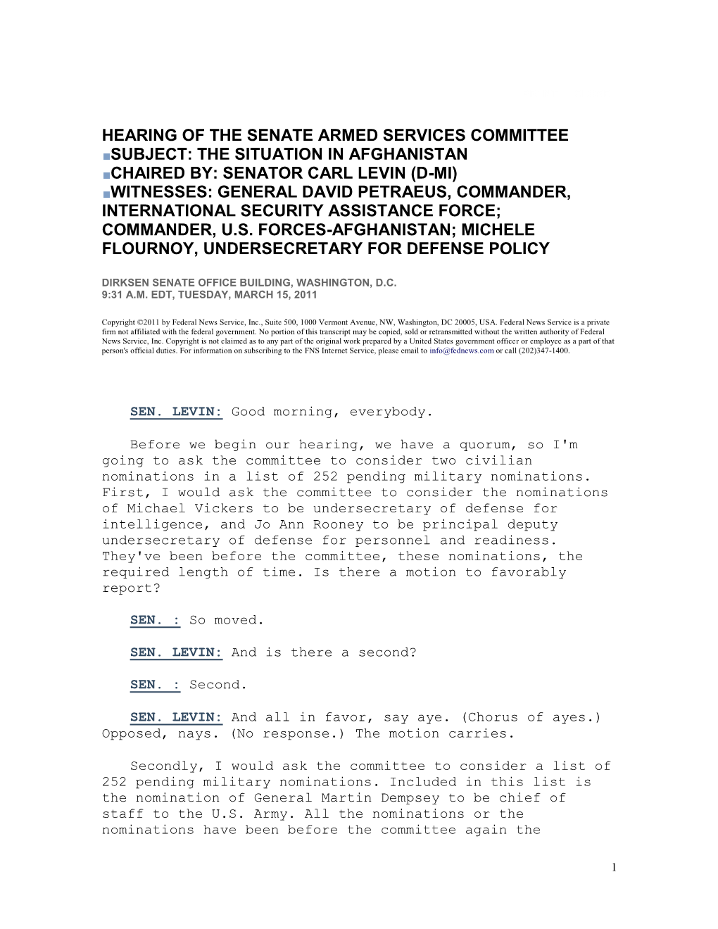 Hearing of the Senate Armed Services Committee Subject