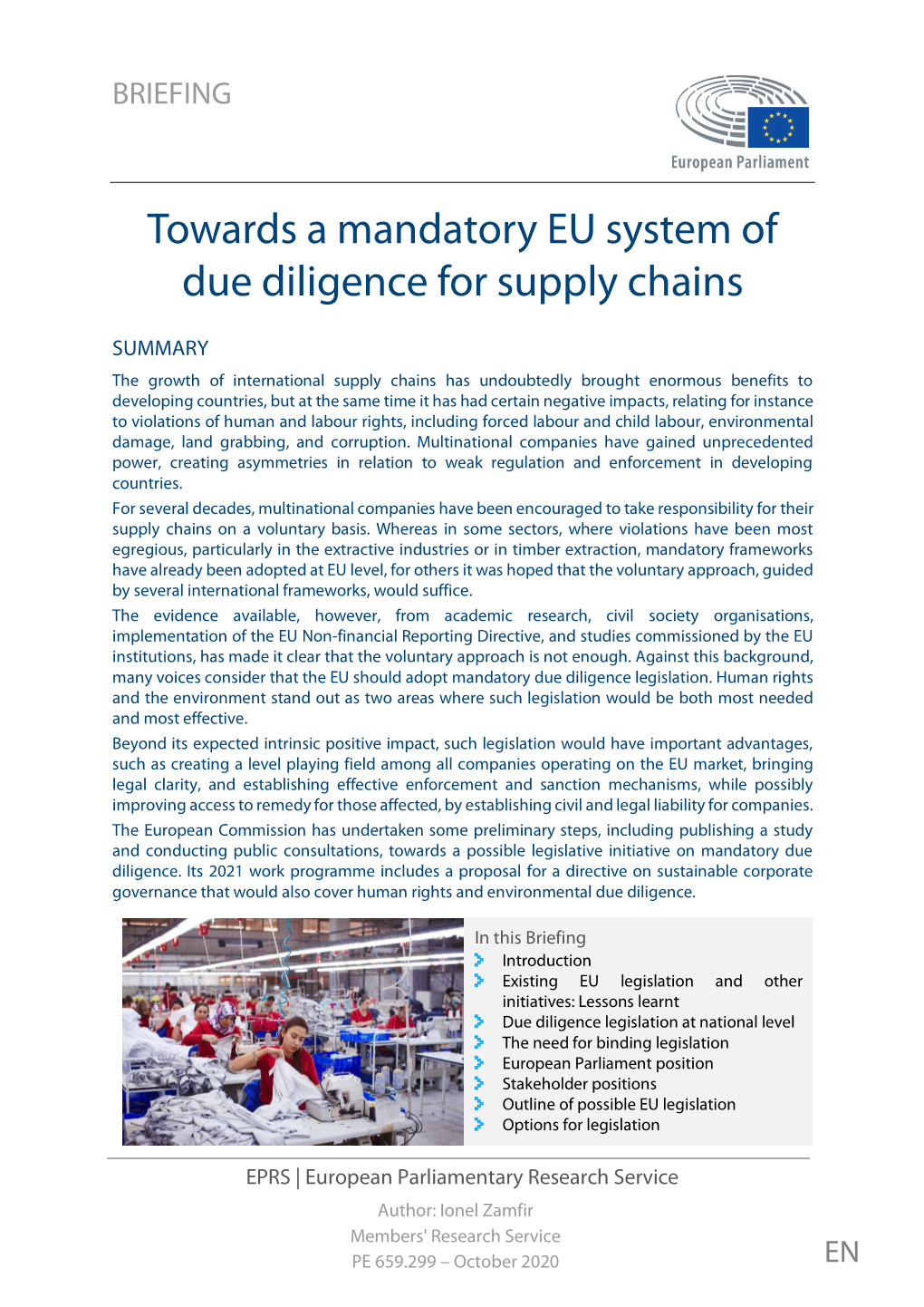 Towards a Mandatory EU System of Due Diligence for Supply Chains
