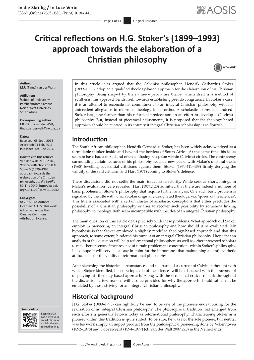Critical Reflections on H.G. Stoker's (1899–1993) Approach Towards the Elaboration of a Christian Philosophy