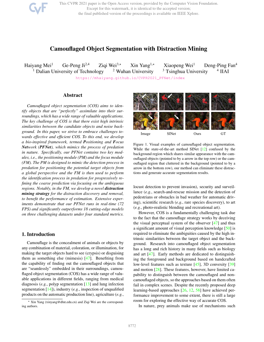 Camouflaged Object Segmentation with Distraction Mining