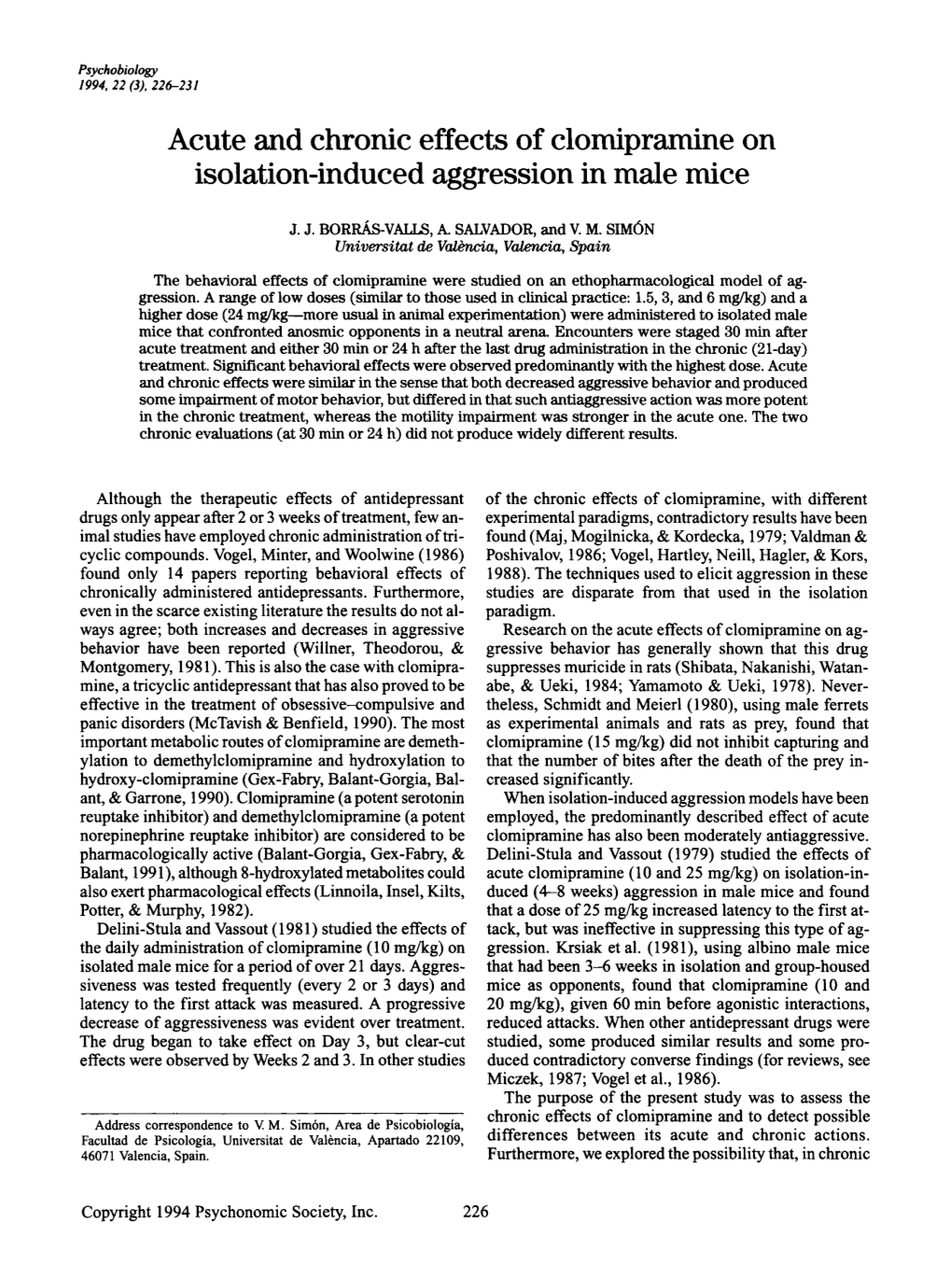 Acute and Chronic Effects of Clomipramine on Isolation-Induced Aggression in Male Mice