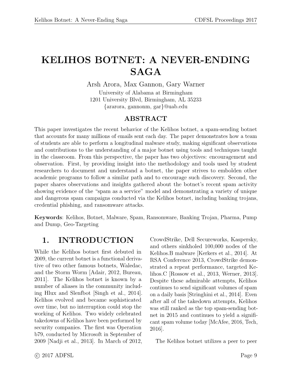 Kelihos Botnet: a Never-Ending Saga CDFSL Proceedings 2017