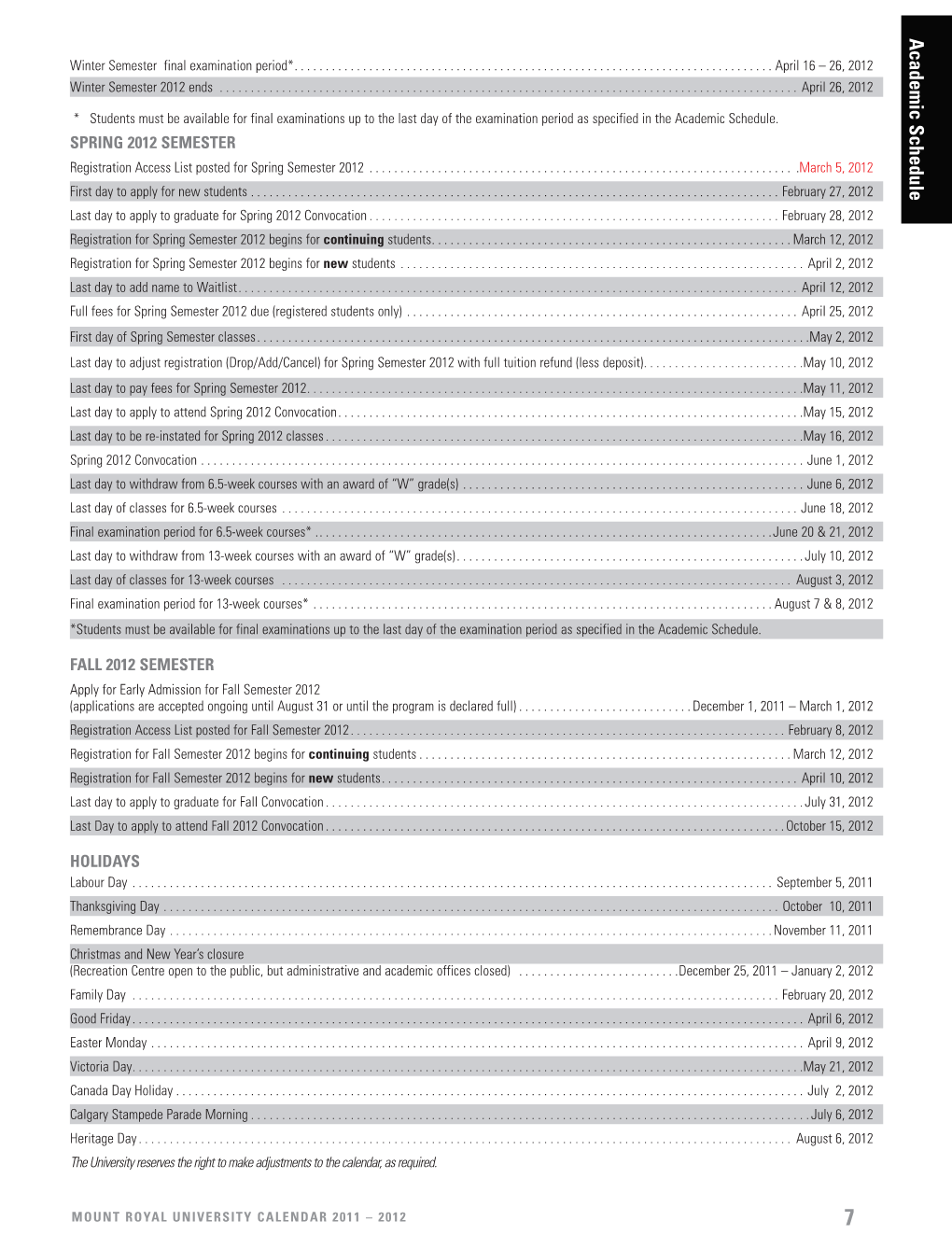 Academic Schedule