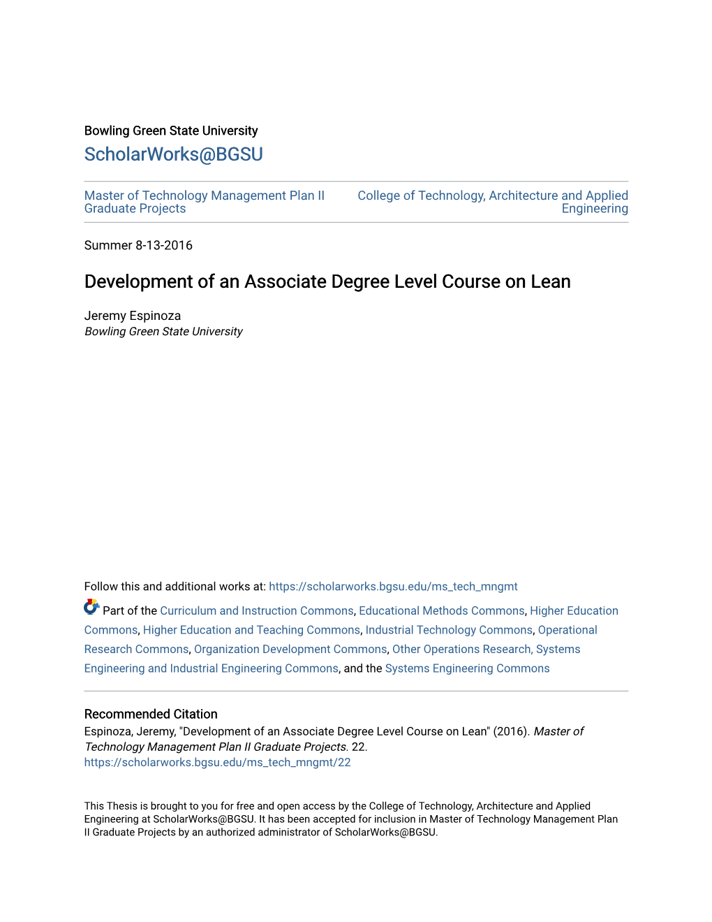 Development of an Associate Degree Level Course on Lean