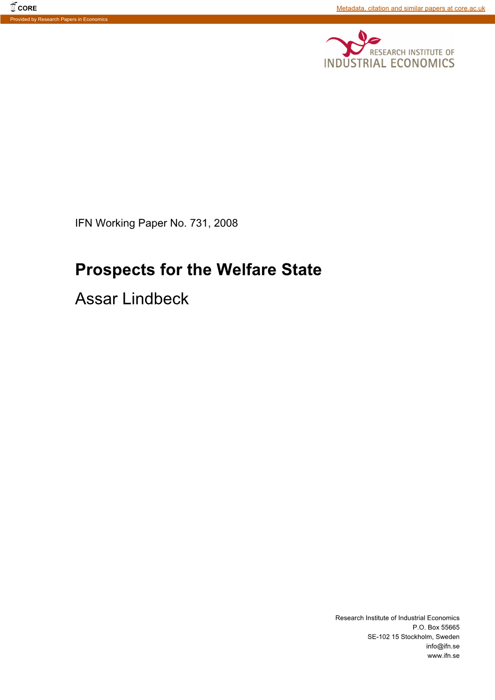 Prospects for the Welfare State Assar Lindbeck