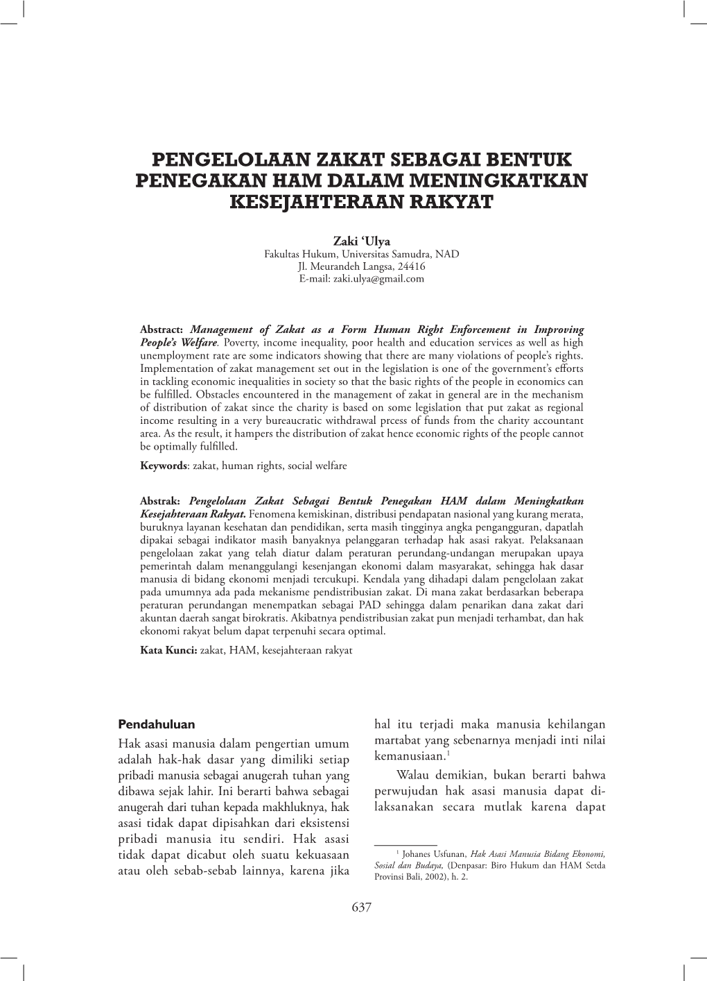 Pengelolaan Zakat Sebagai Bentuk Penegakan Ham Dalam Meningkatkan Kesejahteraan Rakyat
