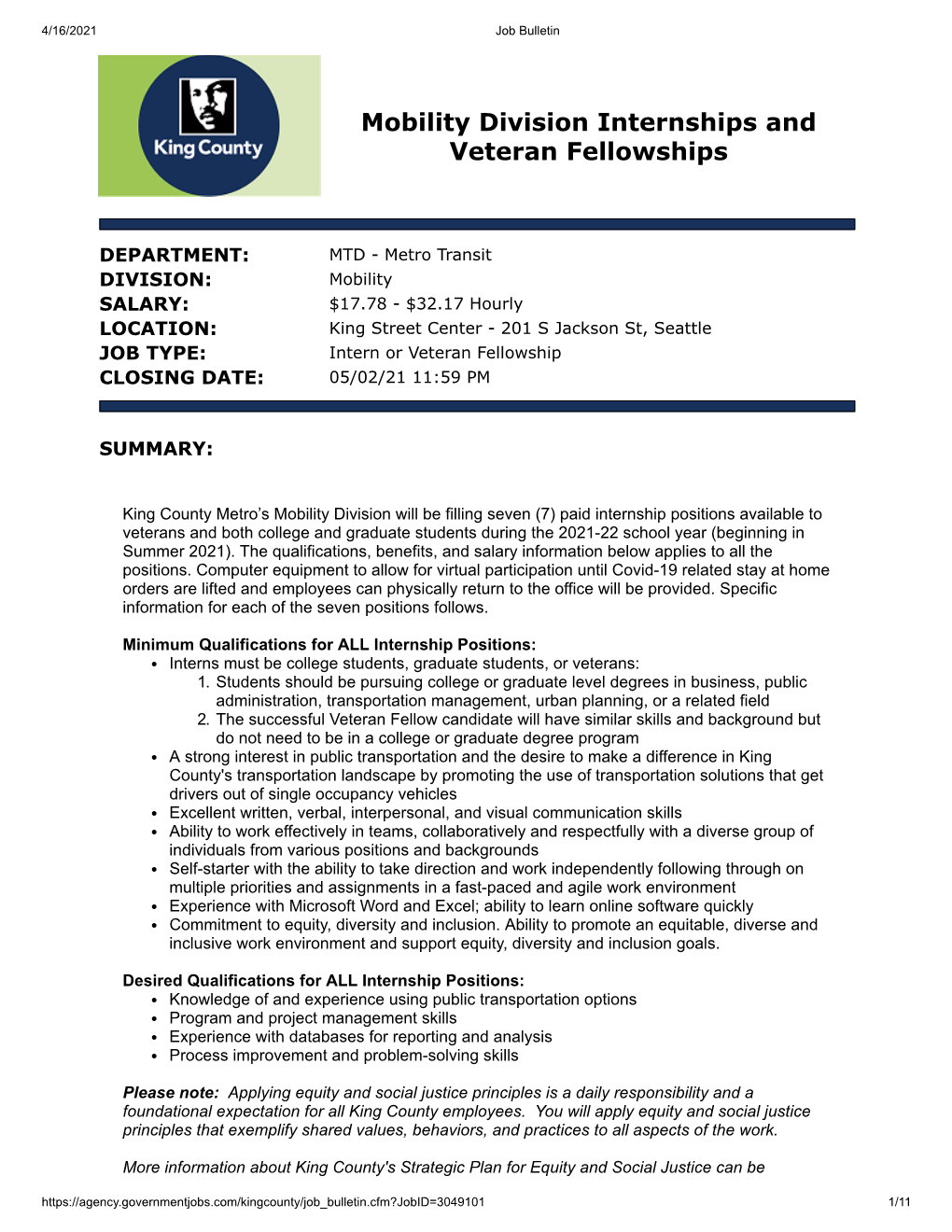 Mobility Division Internships and Veteran Fellowships