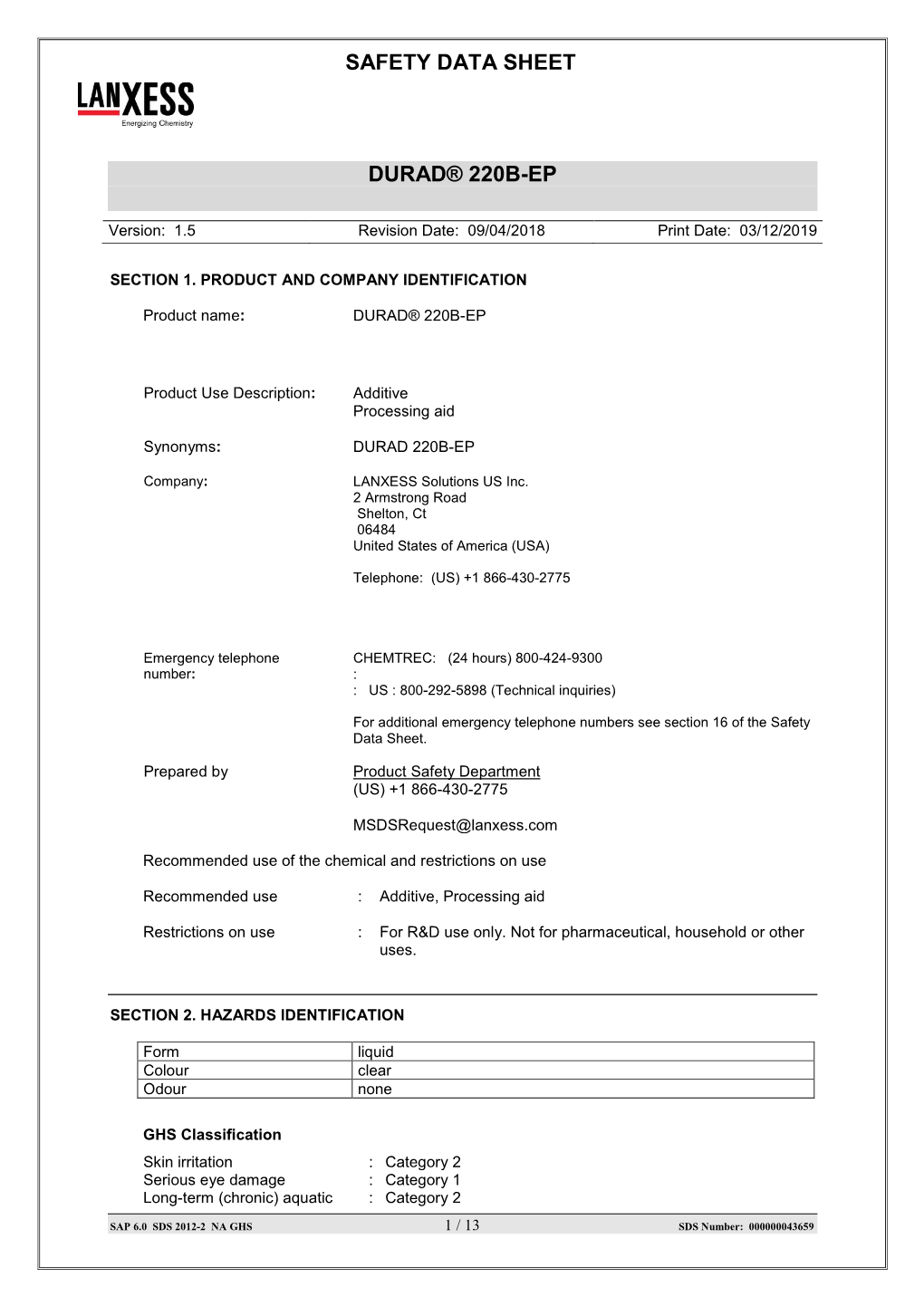 Safety Data Sheet Durad® 220B-Ep