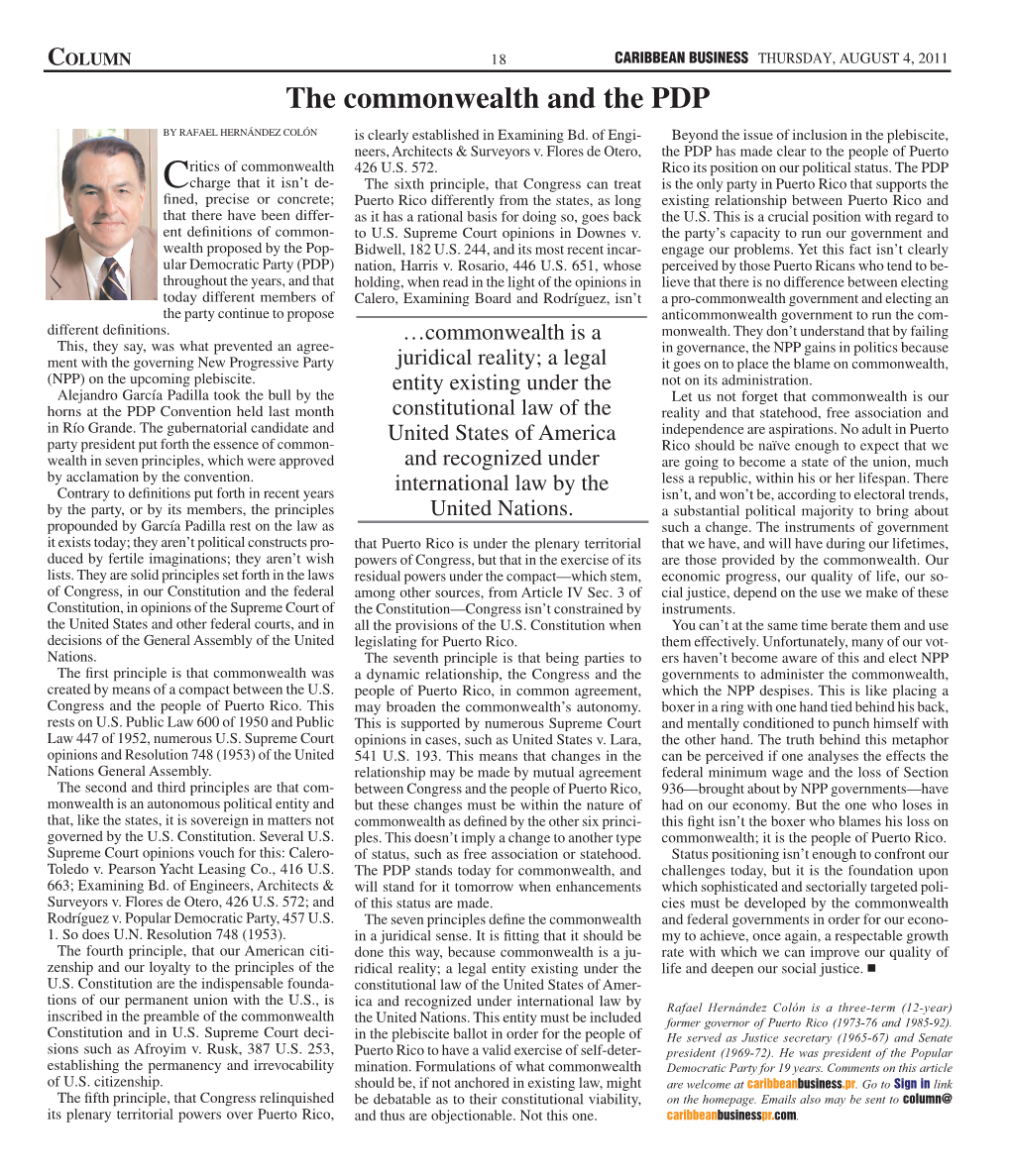 The Commonwealth and the PDP by RAFAEL HERNÁNDEZ COLÓN Is Clearly Established in Examining Bd
