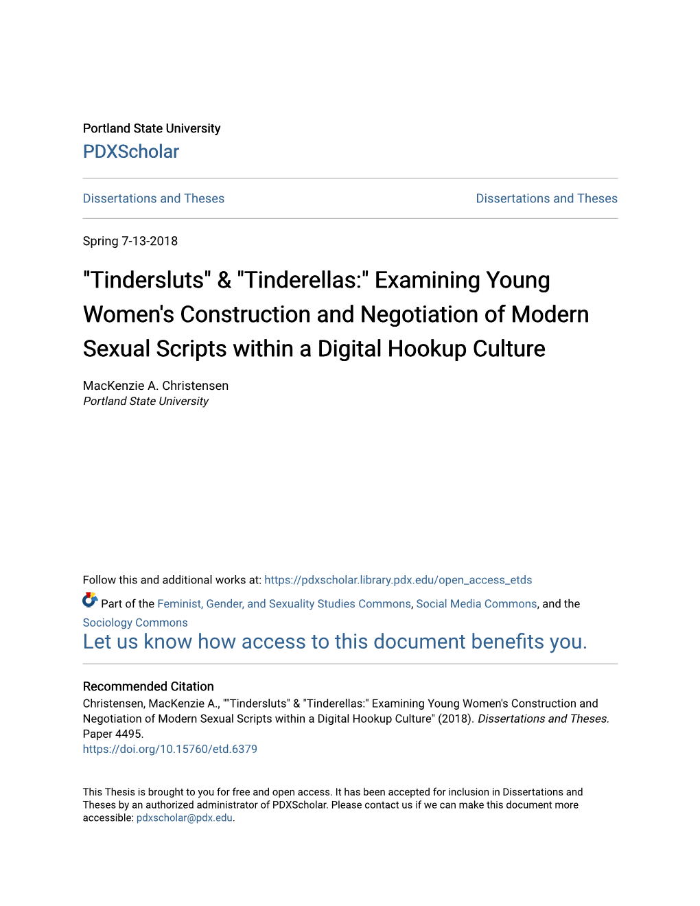 "Tindersluts" & "Tinderellas:" Examining Young Women's Construction and Negotiation of Modern Sexual