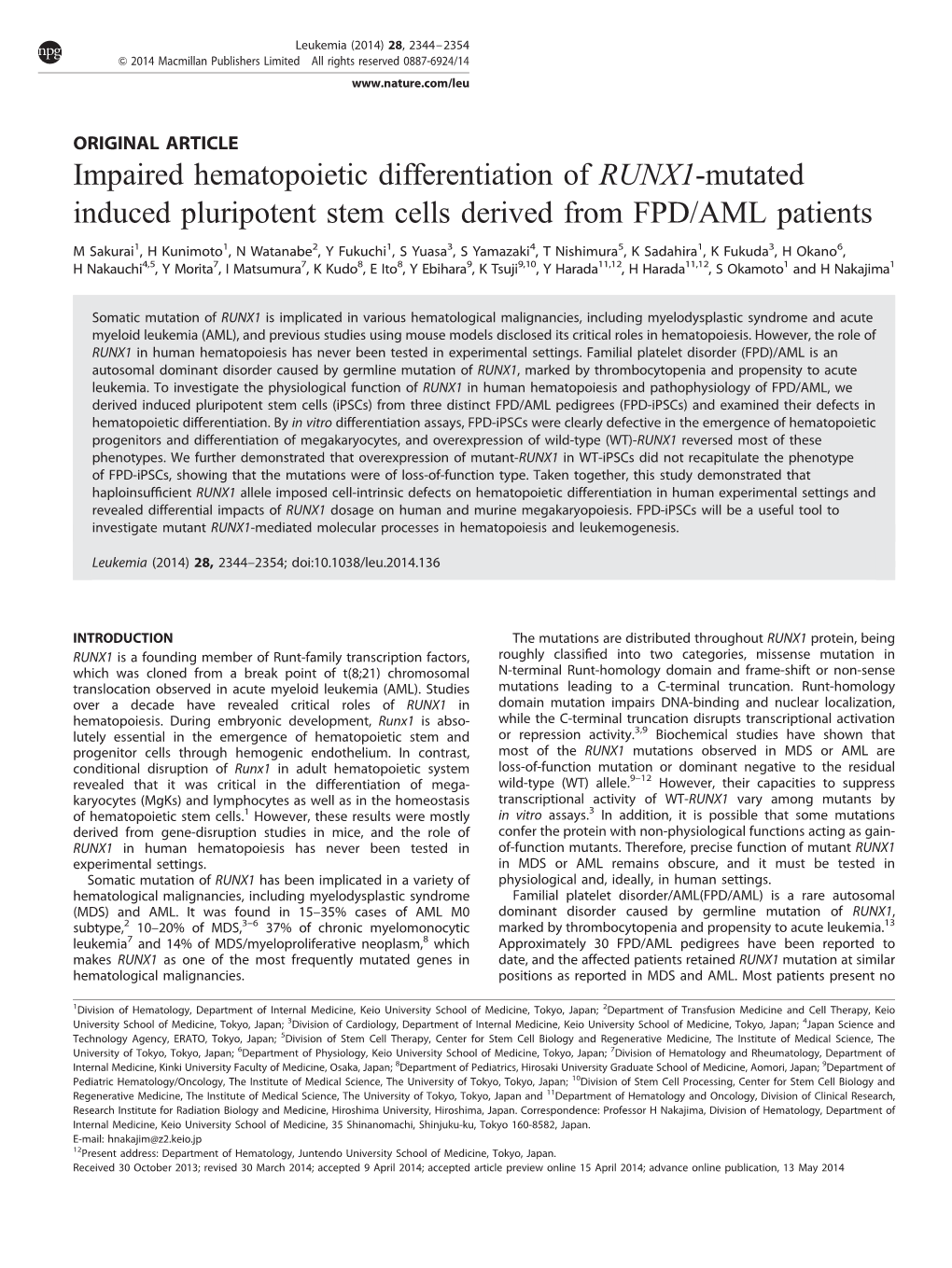 Impaired Hematopoietic Differentiation of RUNX1-Mutated Induced Pluripotent Stem Cells Derived from FPD/AML Patients