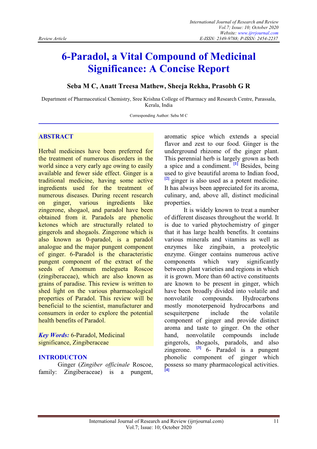 6-Paradol, a Vital Compound of Medicinal Significance: a Concise Report