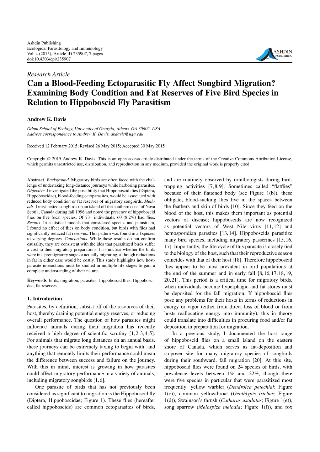 Examining Body Condition and Fat Reserves of Five Bird Species in Relation to Hippoboscid Fly Parasitism