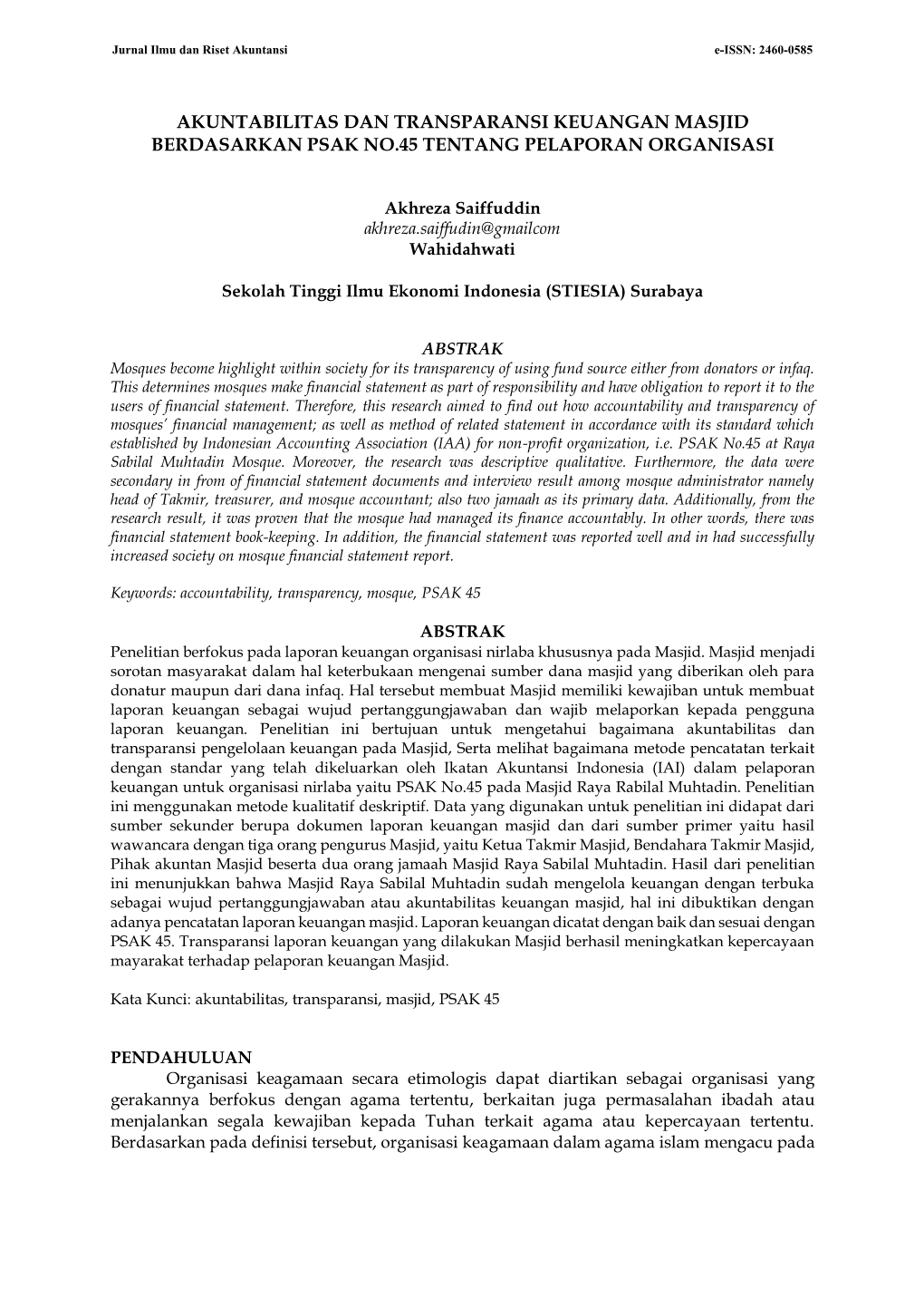Akuntabilitas Dan Transparansi Keuangan Masjid Berdasarkan Psak No.45 Tentang Pelaporan Organisasi