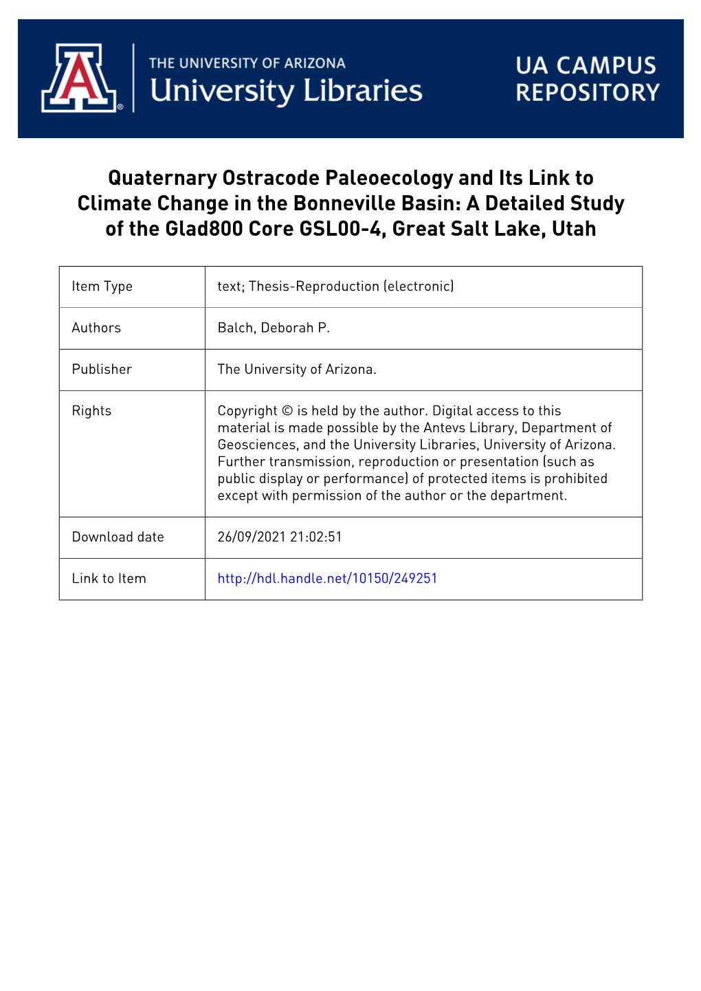 Quaternary Ostracode Paleoecology and Its Link to Climate Change in the Bonneville Basin: a Detailed Study of the Glad800 Core GSL00-4, Great Salt Lake, Utah