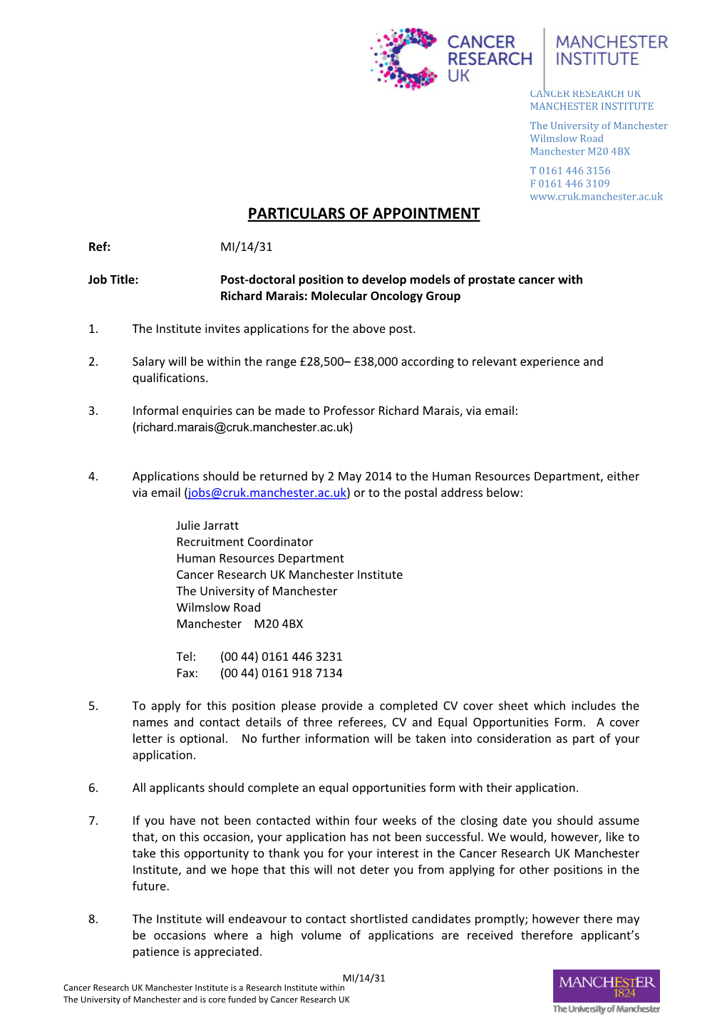 Particulars of Appointment