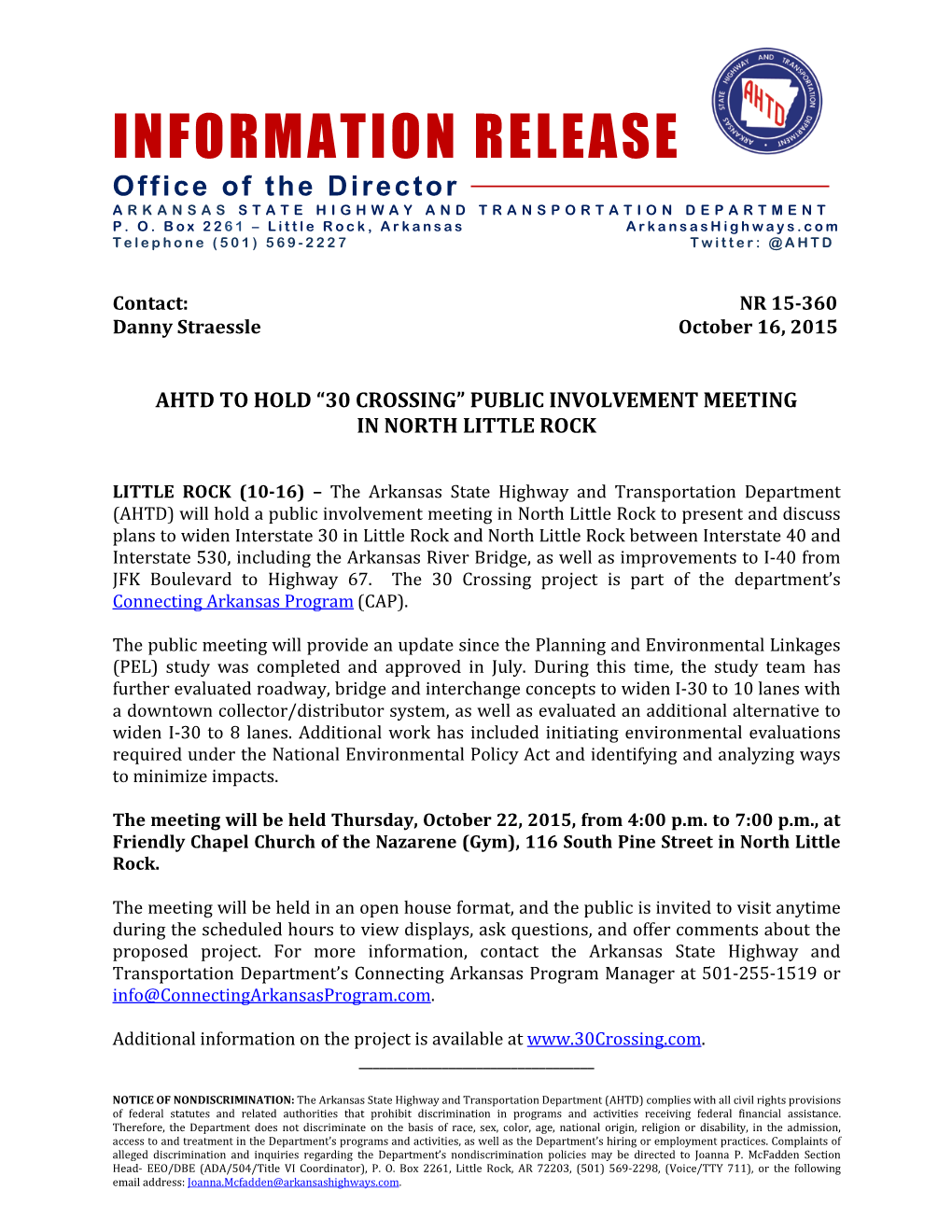INFORMATION RELEASE Office of the Director a RKANSAS STATE HIGHWAY and TRANSPORTATION DEPARTMENT P
