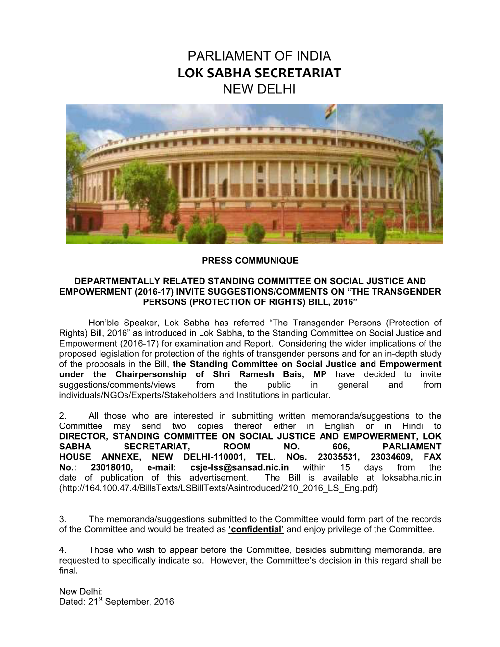 Parliament of India Lok Sabha Secretariat New Delhi
