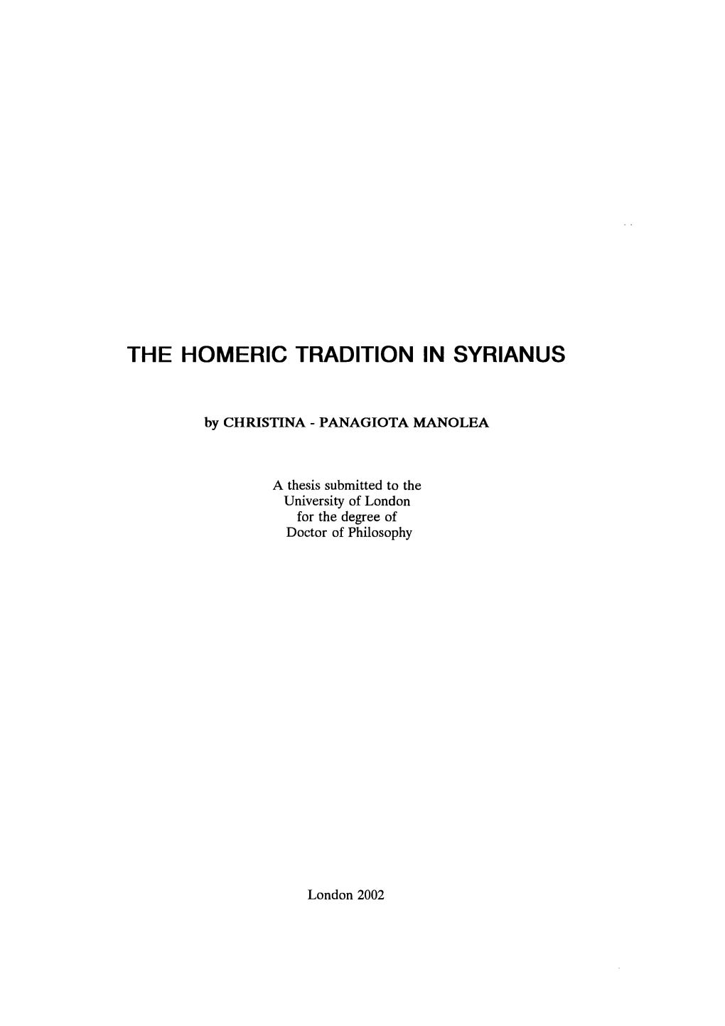 The Homeric Tradition in Syrianus
