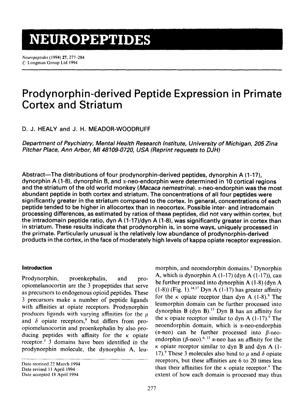 Prodynorphin-Derived Peptide Expression in Primate Cortex and Striatum