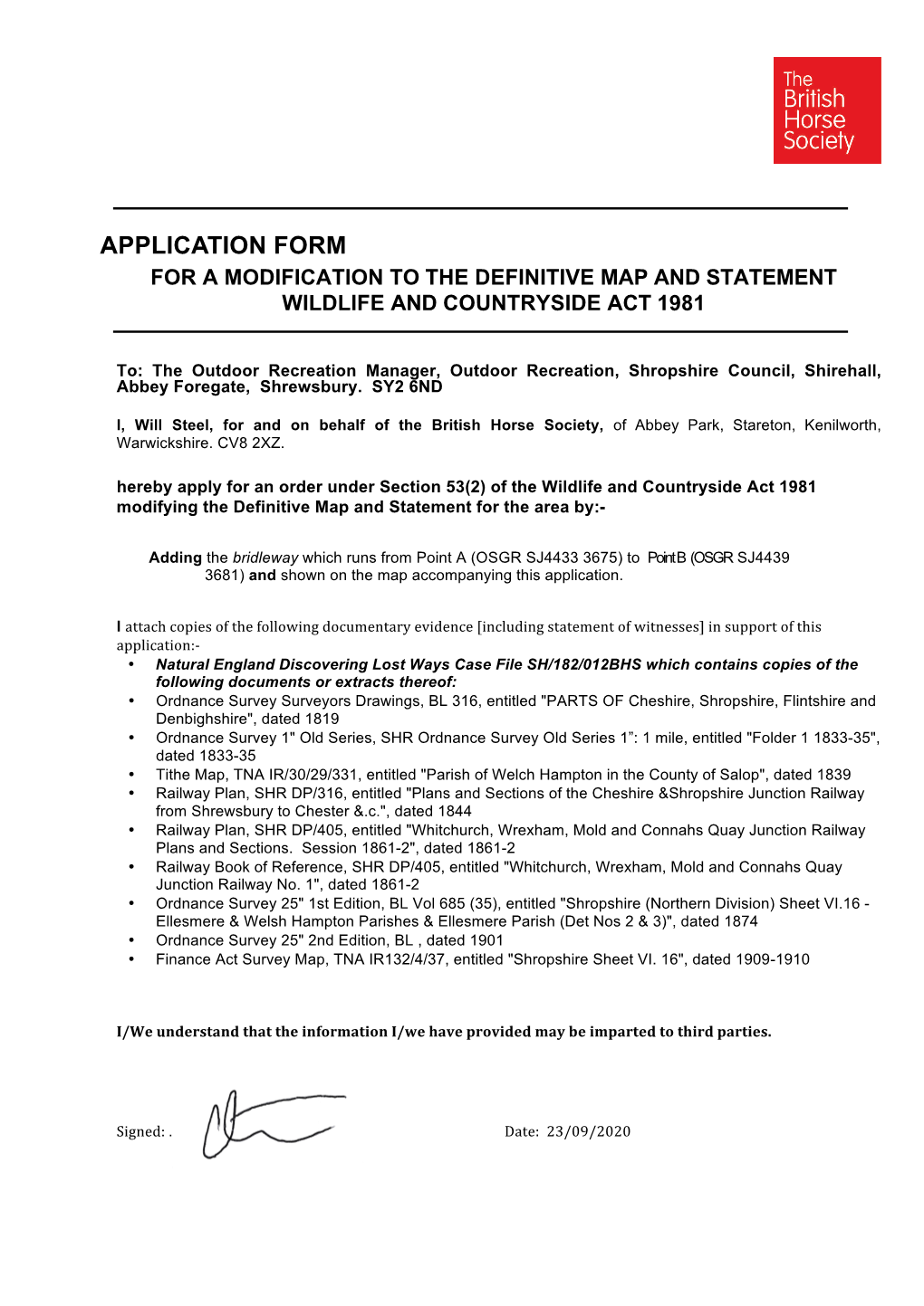 Application Form for a Modification to the Definitive Map and Statement Wildlife and Countryside Act 1981