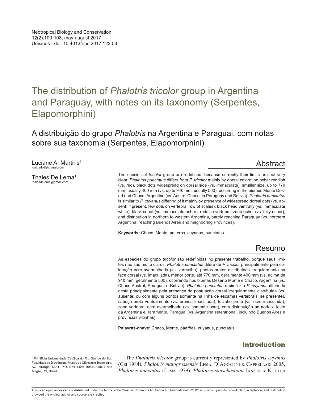 The Distribution of Phalotris Tricolor Group in Argentina and Paraguay, with Notes on Its Taxonomy (Serpentes, Elapomorphini)