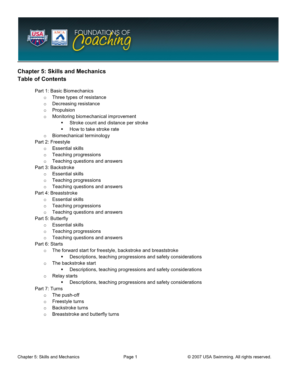 Chapter 5: Skills and Mechanics Table of Contents