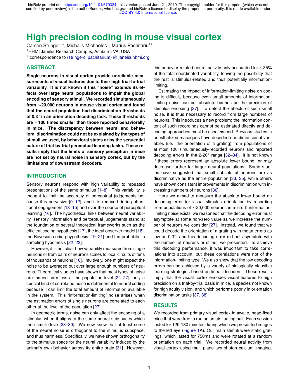 High Precision Coding in Mouse Visual Cortex