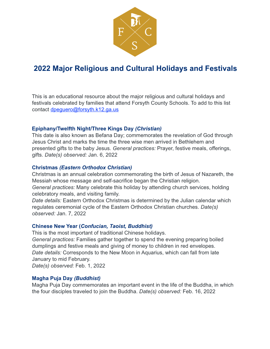 2022 Major Religious and Cultural Holidays and Festivals