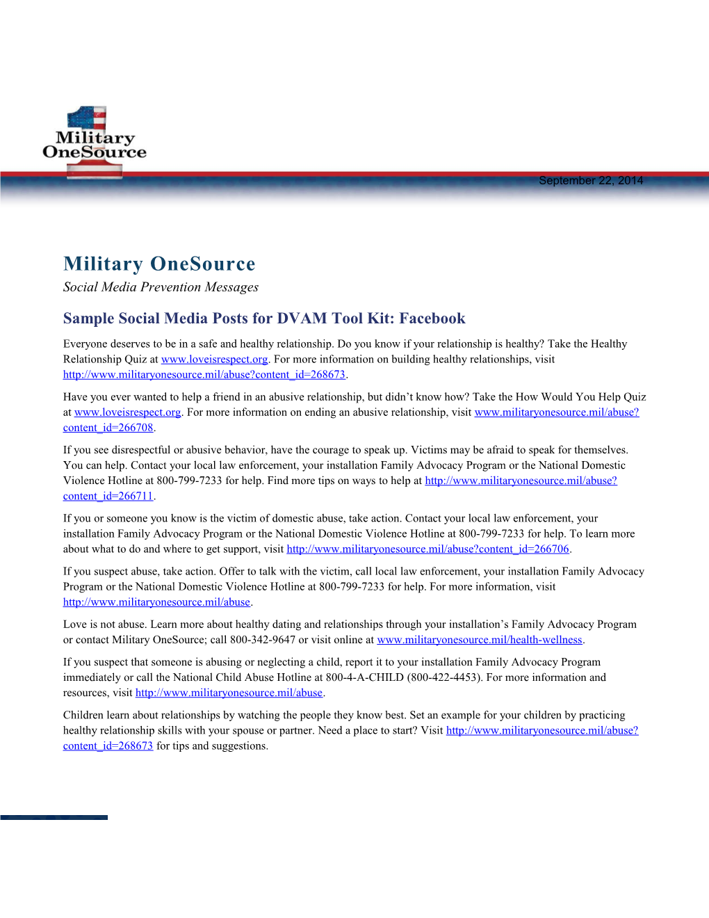 Military Onesource Sample Social Media