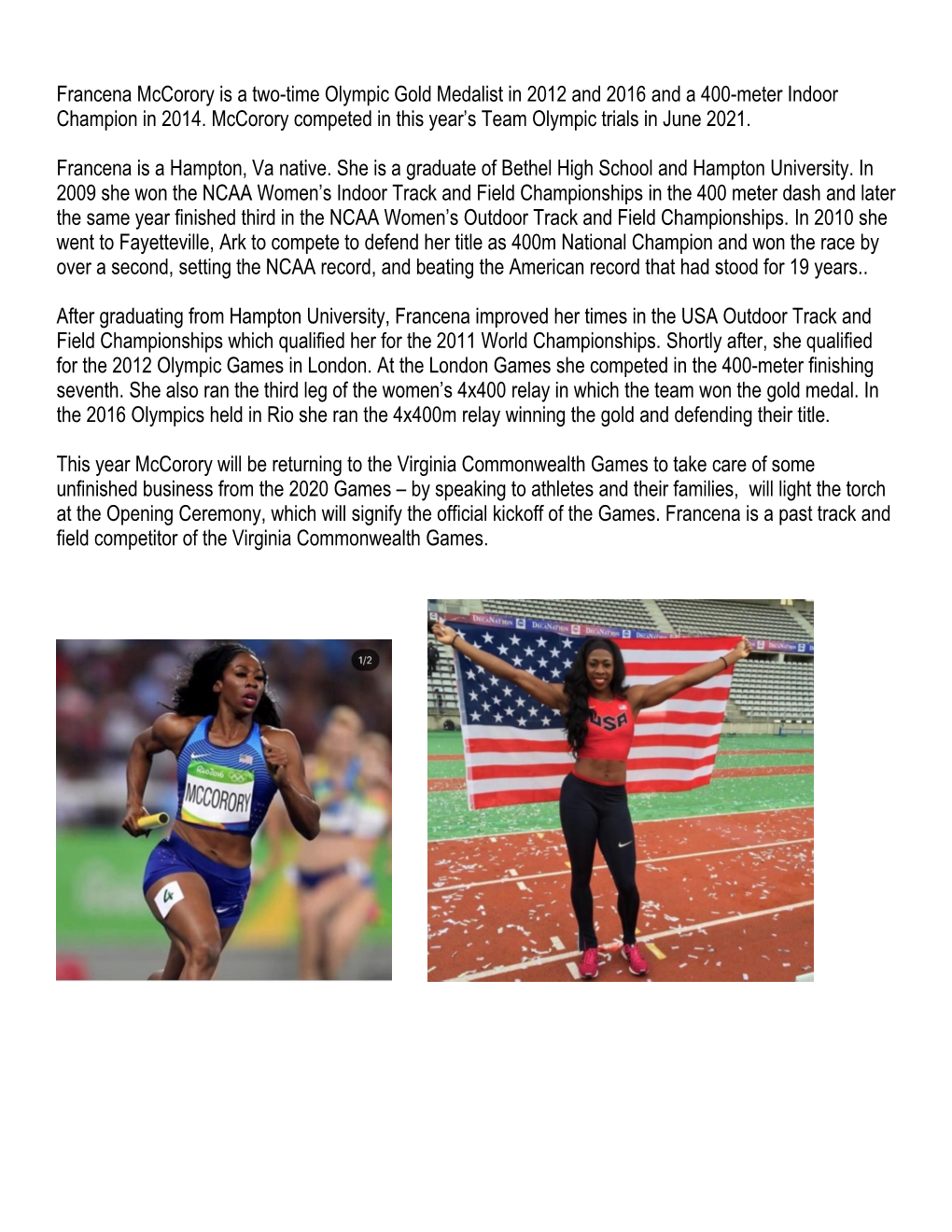 Francena Mccorory Is a Two-Time Olympic Gold Medalist in 2012 and 2016 and a 400-Meter Indoor Champion in 2014