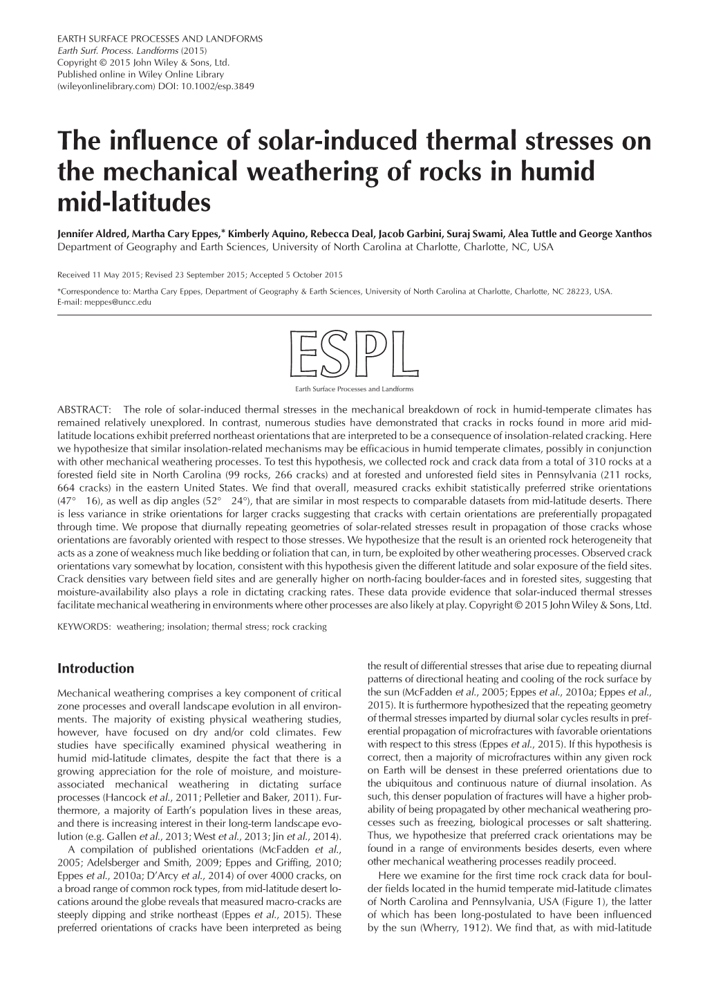 The Influence of Solar-Induced Thermal Stresses on the Mechanical Weathering of Rocks in Humid Mid-Latitudes