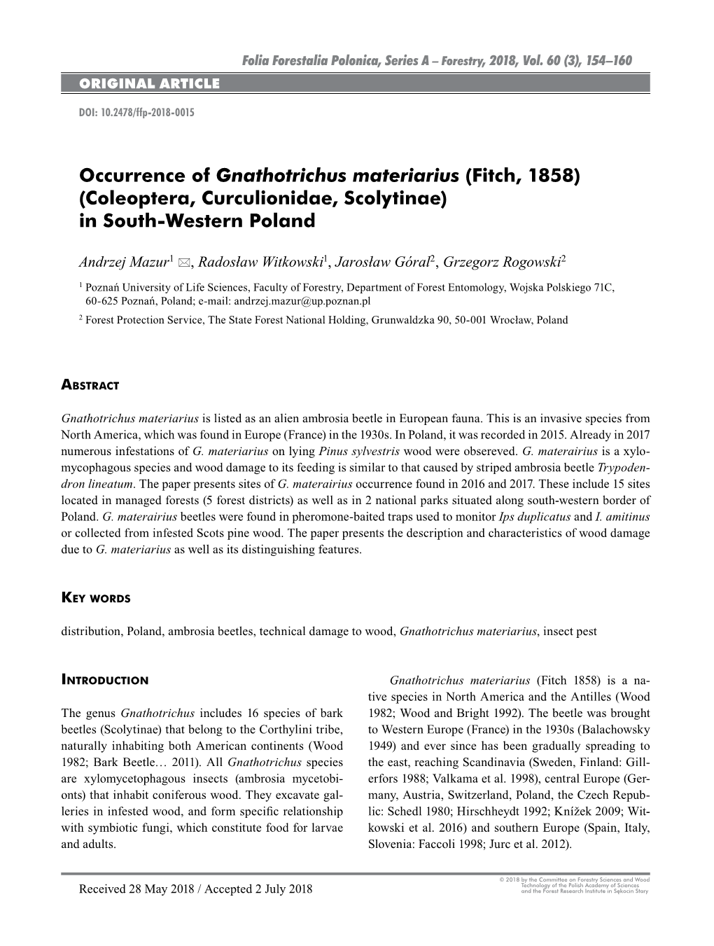 Occurrence of Gnathotrichus Materiarius (Fitch, 1858) (Coleoptera, Curculionidae, Scolytinae) in South-Western Poland