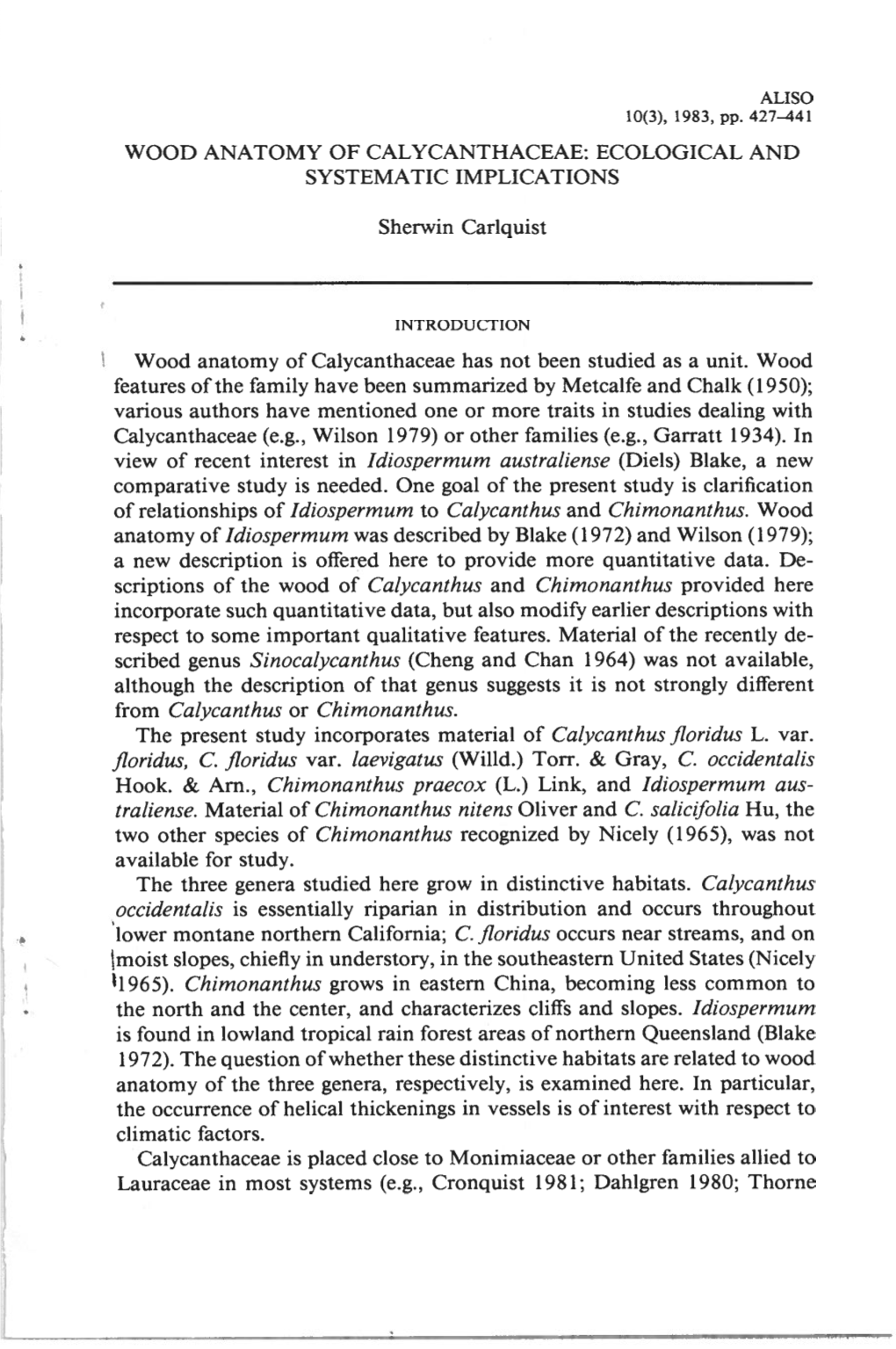 Of Relationships of Idiospermum to Calycanthus and Chimonanthus