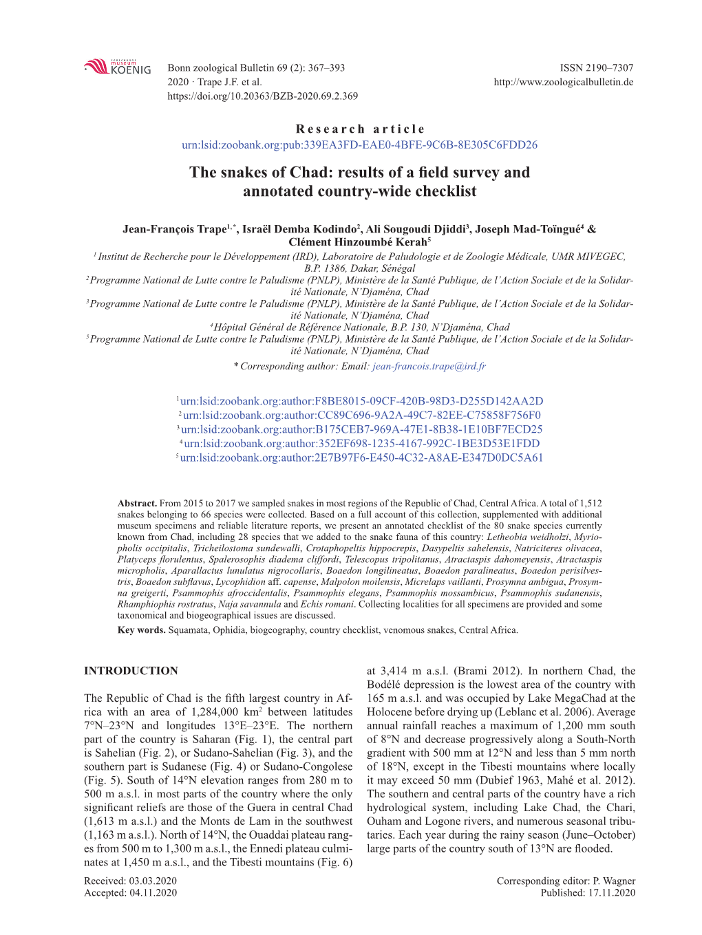 The Snakes of Chad: Results of a Field Survey and Annotated Country-Wide Checklist