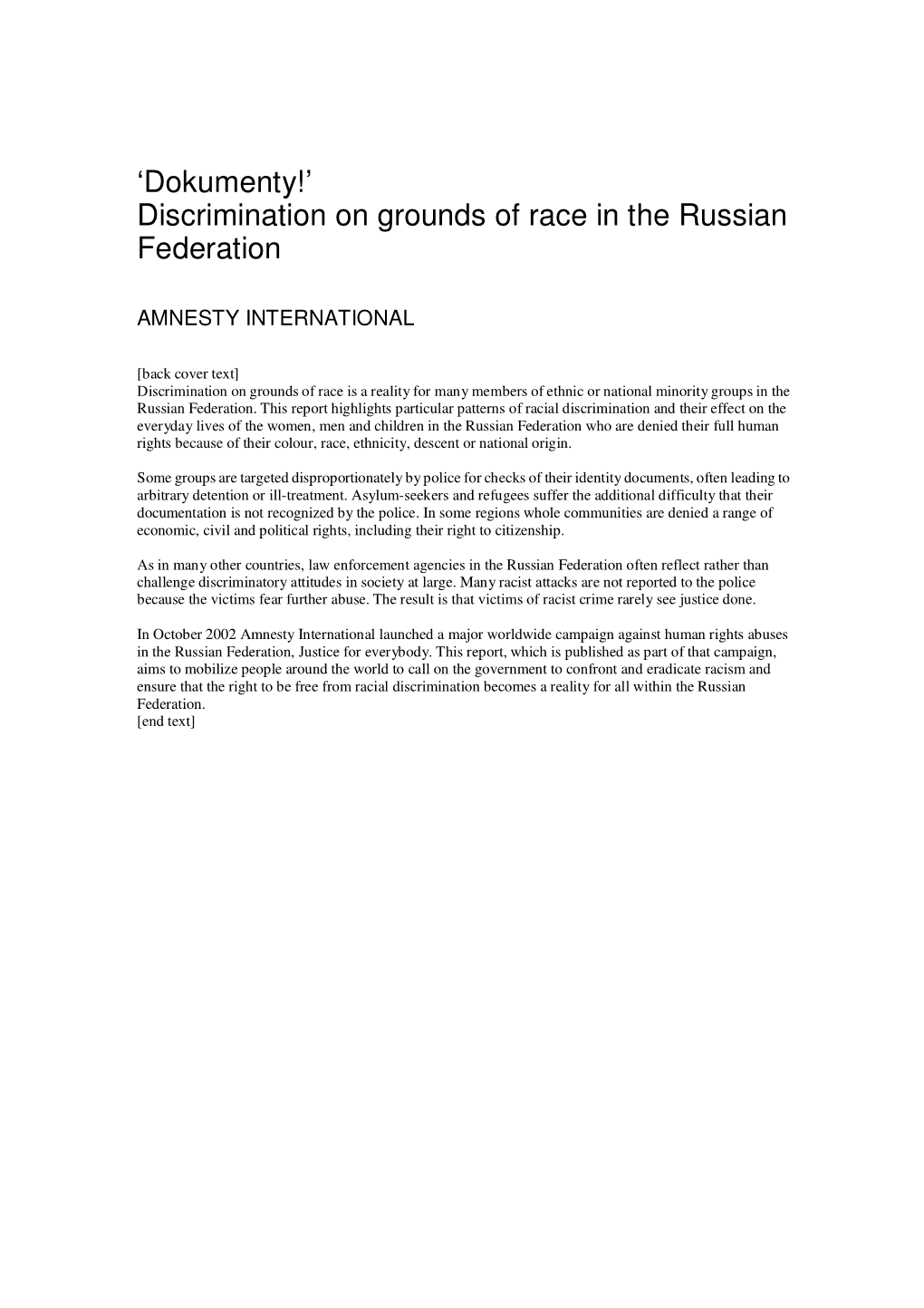 Discrimination on Grounds of Race in the Russian Federation