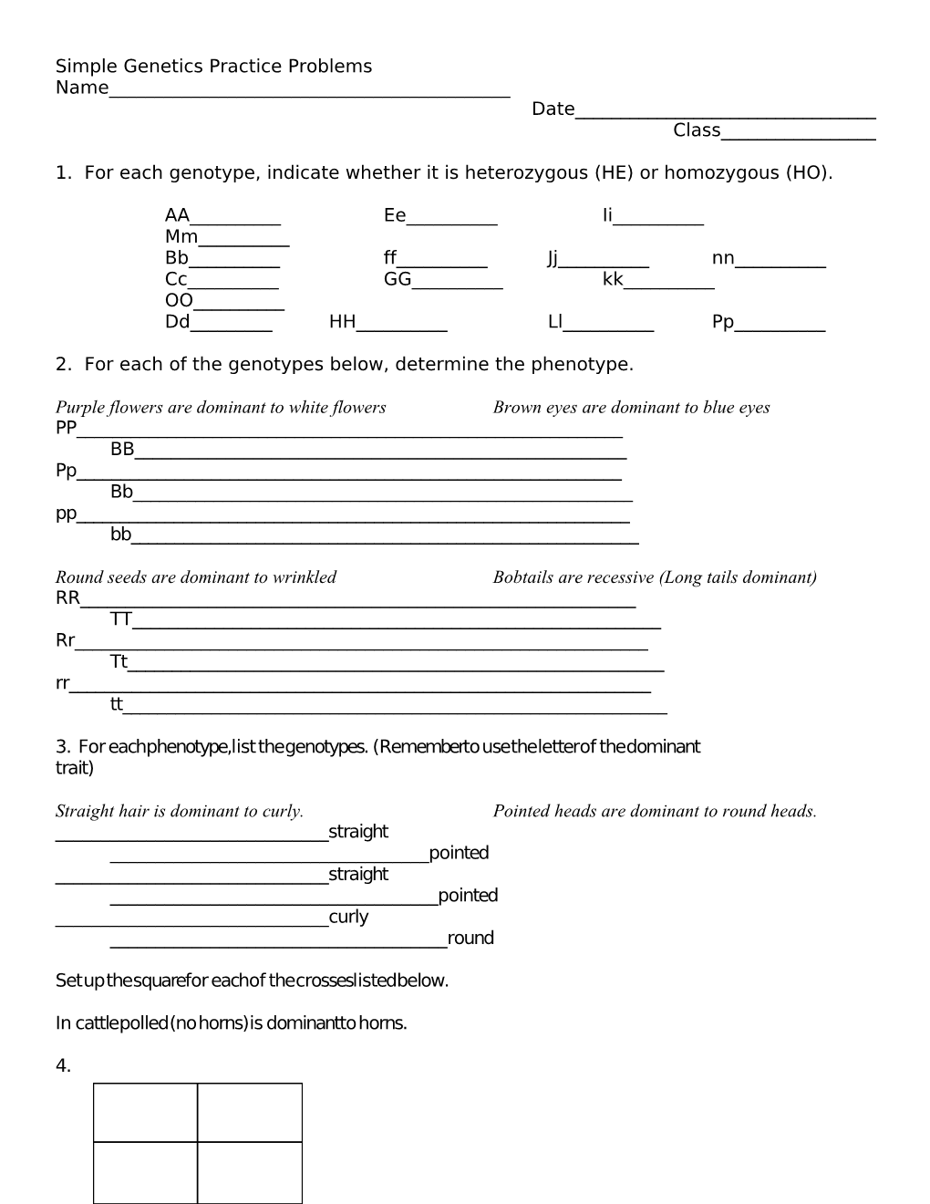 Simple Genetics Practice Problems Name______ s1